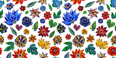 Beyaz izole arkaplanda akrilik renkli çiçeklerin kusursuz deseni