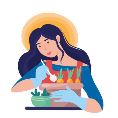 Düz çizimci kız soğan, timsah ya da sümbül eker. Hobi bahçıvanlığı.