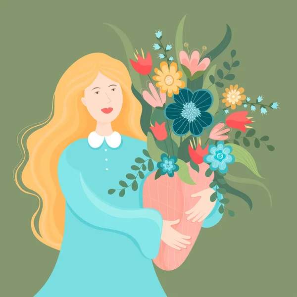 Cartoon illustration spring come. Woman holding a large bouquet of spring flowers. Flat design.