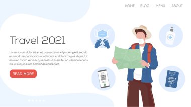 Vektör düz çizim iniş sayfası veya şablon seyahat seti 2021. Haritası, eldiveni, pasaportu, dezenfektanı, maskesi, sağlıklı pasaportu olan bir adam. Corona gerçekliği seyahat ediyor.