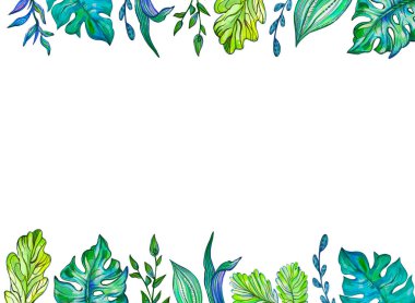 Dekoratif yapraklı yaz ve bahar bitkileri akrilik renkler çeker. Canavar stilize edilmiş yaprak. Mesajın için yer aç. Yaprak çerçeve, model.