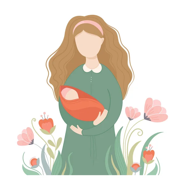 Векторная Иллюстрация Женщина Новорожденным Рукой Цветущими Цветами Новая Жизнь Материнство — стоковый вектор