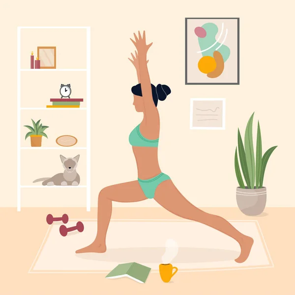 Vektor Illustration Kvinna Gör Yoga Eller Morgon Träning Heminredning — Stock vektor