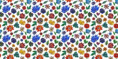 Beyaz izole arkaplanda akrilik renkli çiçeklerin kusursuz deseni