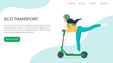 Vektör düz çizim iniş sayfası ya da şablon kadın uzun saçlı, yükseltilmiş bacaklı, kasklı, elektronik scooterlı. Kavramsal kız silueti çevre dostu spordan hoşlanıyor