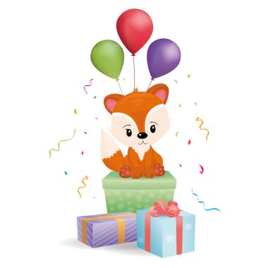 Mutlu yıllar şirin tilki, hediye kutularının üzerinde balonlarla oturuyor.
