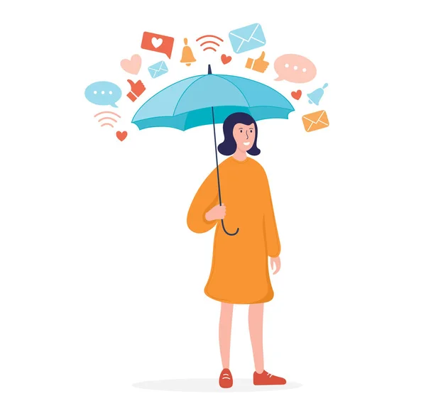 Ilustración vectorial redes sociales y desintoxicación informativa. Concepto: Mujer permanecer bajo el paraguas de las notificaciones de información. — Vector de stock