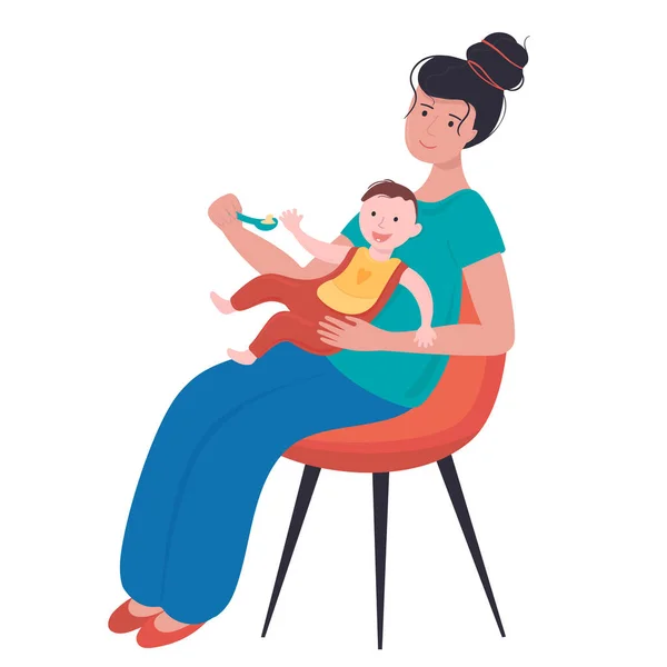 Platt illustration mor håller barnet i knät och sked matar gröt på vit isolerad bakgrund. Tecknad känslomässig illustration. — Stockfoto