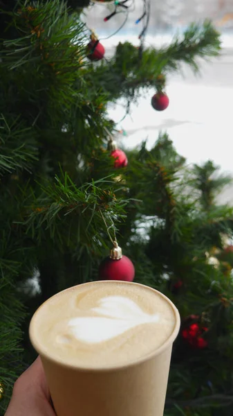 Macro Foto Café Natal Com Marshmallows Perto Árvore Natal — Fotografia de Stock