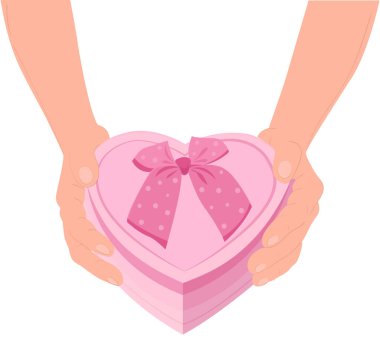 Vector Illustration, adamın elinde kalp şeklinde pembe bir kutu var. Aşk ilanı