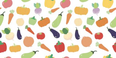 Sebze deseni: soğan, turp, domates, balkabağı, havuç, biber, beyaz yalıtılmış arka planda patlıcan..