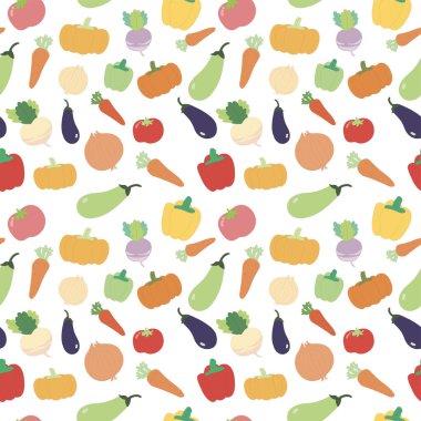Sebze deseni: soğan, turp, domates, balkabağı, havuç, biber, beyaz yalıtılmış arka planda patlıcan..