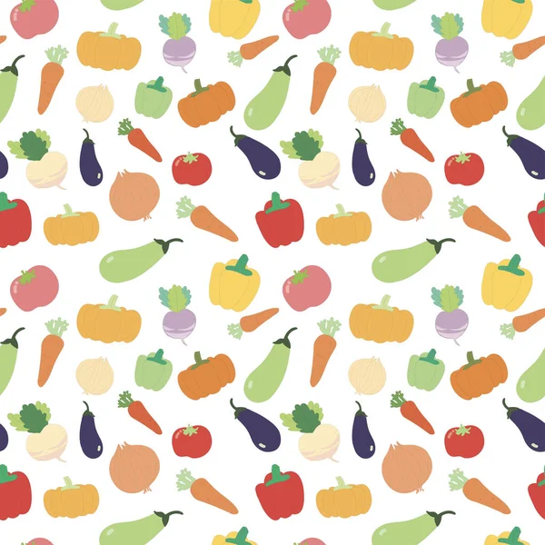 Gemüsemuster: Zwiebeln, Radieschen, Tomaten, Kürbis, Karotten, Paprika, Auberginen auf weißem isolierten Hintergrund. — Stockvektor