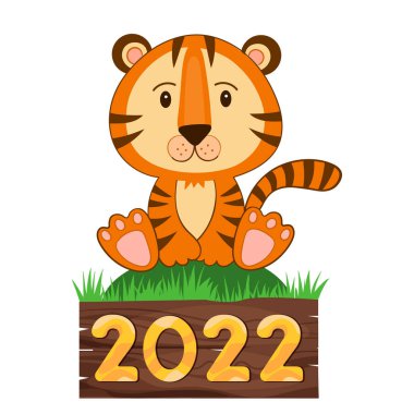 Kaplan yeşil çimlerde, ahşap tabletli 2022 beyaz izole arka planda oturuyor. Sembol 2022. Düz biçim.