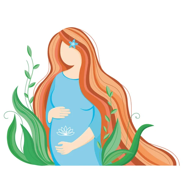 Pregnant Happy Woman Baby Her Belly Greenery Poster Hospital Maternity — Stock Vector
