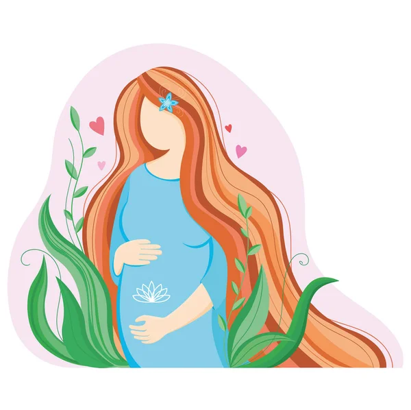 Pregnant Happy Woman Baby Her Belly Greenery Poster Hospital Maternity — Stock Vector