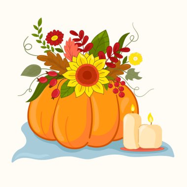 Çiçekli ve mumlu vektör illüstrasyon kabağı. Sonbahar konsepti