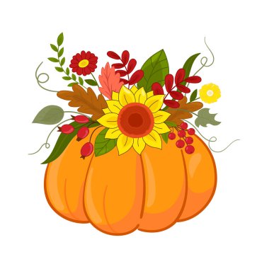 Beyaz izole arka planda çiçekli illüstrasyon balkabağı. Sonbahar konsepti.