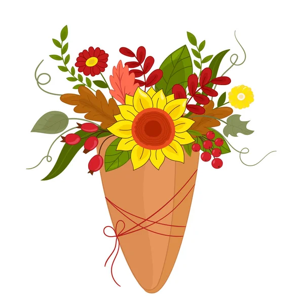 Ramo Ilustración Vectorial Flores Otoño Paquete Papel Kraft — Vector de stock