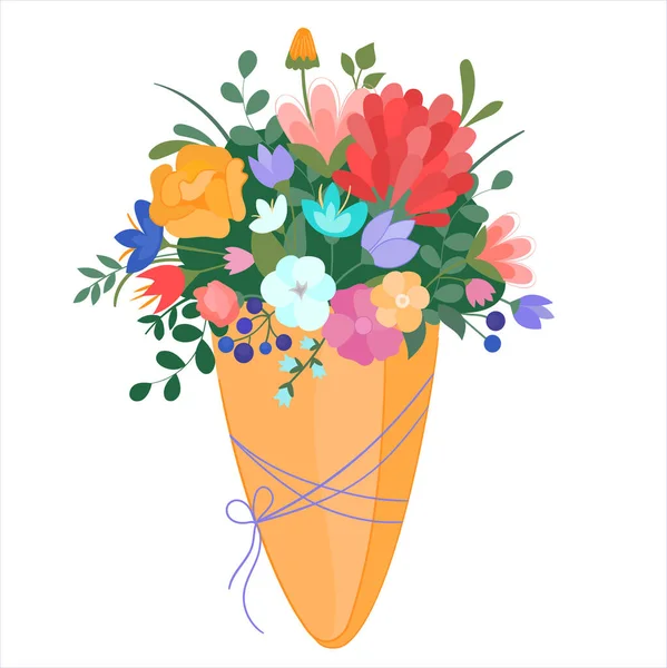 Векторный Иллюстрационный Букет Весенних Цветов Пакете Крафтовой Бумаги — стоковый вектор