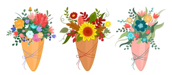 Conjunto Buquê Ilustração Vetorial Primavera Verão Flores Outono Embalagem Papel — Vetor de Stock