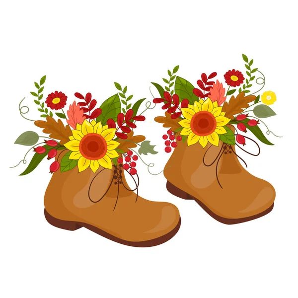 Vector Illustratie Herfst Laarzen Veters Met Bloeiende Boeket Herfst Bloemen — Stockvector