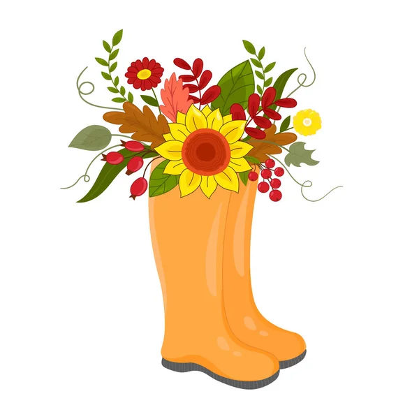 Vector Ilustración Botas Wellies Otoño Con Flores Otoño Ramo Flores — Vector de stock