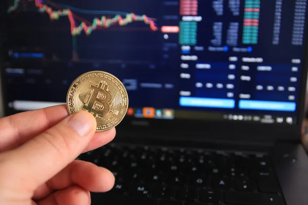 Adamın elinde Bitcoin BTC 'nin fiziksel versiyonu var. Arkaplanda borsada analiz edilen veriler var.