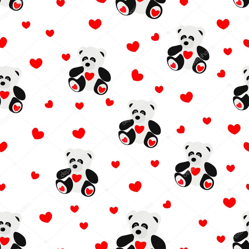 Panda bear with hearts seamless pattern on white background. Cute baby animal with red heart. Perfect for textile prints, kids design, decor, wrapping. Valentine's day background. 