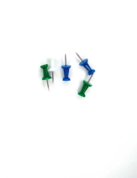 Push Pins Isolated White Background Office Stationery Green Blue Color — Stock Photo, Image