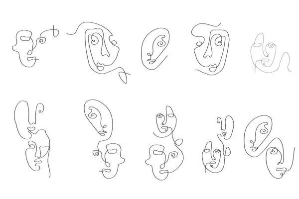 Set Faces One Line Art Inglês Abstrato Design Arte Minimalista — Vetor de Stock