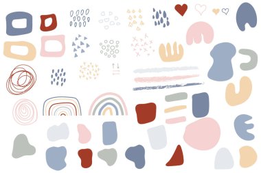   Kendi sanatını yaratmak için soyut şekiller. Bir dizi el çeşitli şekiller ve karalama nesneleri çizdi. Soyut modern trend vektörü. Kart, baskı, logo, damgalama, ruh hali tahtaları, poster tasarımı