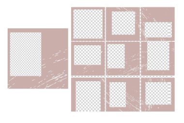   Sosyal medya afişi grunge desenli, moda satış promosyonlu. Düzenlenebilir kare kare kare kare yapboz posteri. Açık kahverengi vektör arka planı. Eğilim rengi.