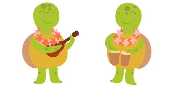 Roztomilé Usměvavé Želvy Hrají Bubny Ukulele Havajský Charakter Dětská Ilustrace — Stockový vektor