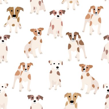   Sevimli köpekler Jack Russell Terrier. Bel hayvanları. Vektör el kusursuz desen çizdi. Bebek için mükemmel, çocuk kıyafetleri, parmak izi tasarımı, tekstil. Beyaz arkaplan.