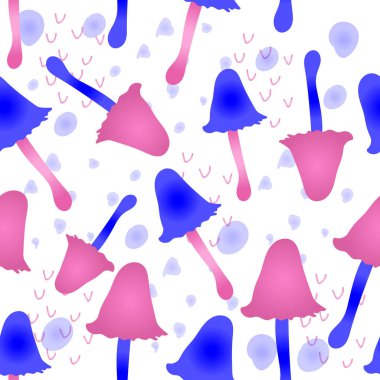  Soyut karalamalı, kusursuz desenli sihirli mantarlar. Psikedelik halüsinasyon. Zehirli yenmez mantarlar. Canlı vektör kümesi. Beyaz arkaplanda Peri Masalları çizimi. 