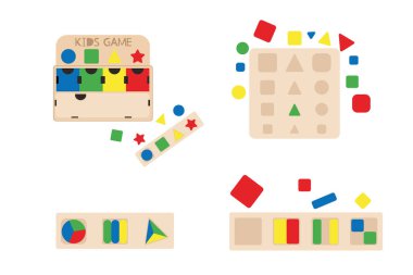   Wooden educational toy for kids. Montessori system for early childhood development. Vivid elements that will help develop fine motor skills of hands and analytical thinking. clipart