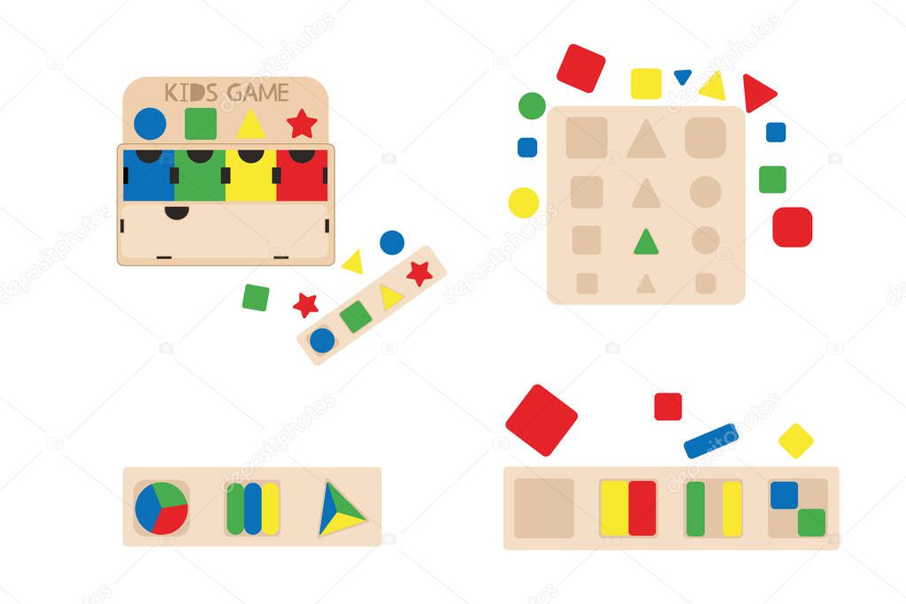   Wooden educational toy for kids. Montessori system for early childhood development. Vivid elements that will help develop fine motor skills of hands and analytical thinking.