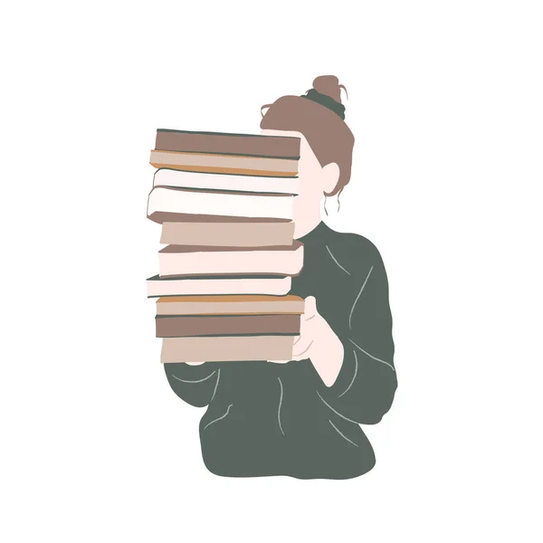 Bannière Stylisée Avec Femme Avec Pile Livres Illustration Vectorielle — Image vectorielle