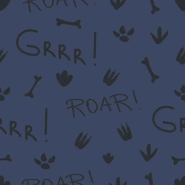 Grrrr ve Roar deyimleri, dinazor pençesi, İskandinav tarzında kusursuz şekildeki karalama elementleri. Bebek kıyafetleri için çocuksu tasarım, yatak, tekstil, baskı, duvar kağıdı.