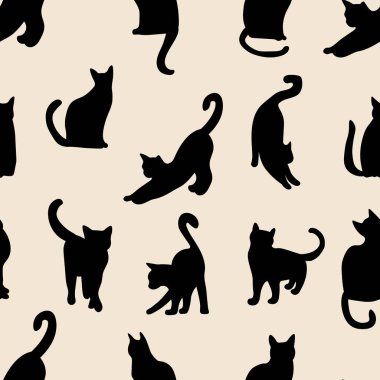 Kara Kedi siluetleri pürüzsüz desen. Farklı pozlardaki hayvanlar. Renk arkaplanında izole edilmiş vektör illüstrasyonu.