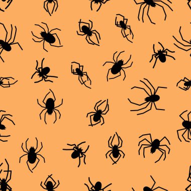 Siyah örümcek pürüzsüz desen. Cadılar Bayramı sembolünün korkunç örümcek ağı. Turuncu arkaplanda vektör illüstrasyonu.