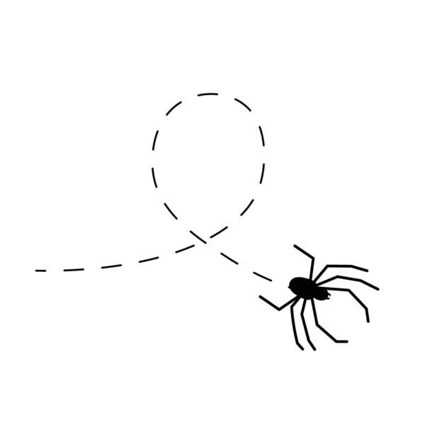 Araignée sur une ligne pointillée. Silhouette noire animale. Vecteur isolé sur fond blanc. — Image vectorielle