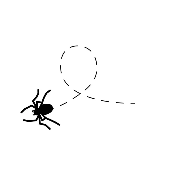 Araignée sur une ligne pointillée. Silhouette noire animale. Vecteur isolé sur fond blanc. — Image vectorielle