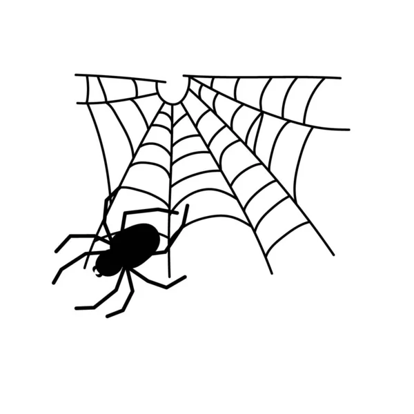 Schwarze Spinne und Netz. Gruseliges Spinnennetz aus Halloween-Symbol. Vektor-Illustration isoliert auf weißem Hintergrund. — Stockvektor