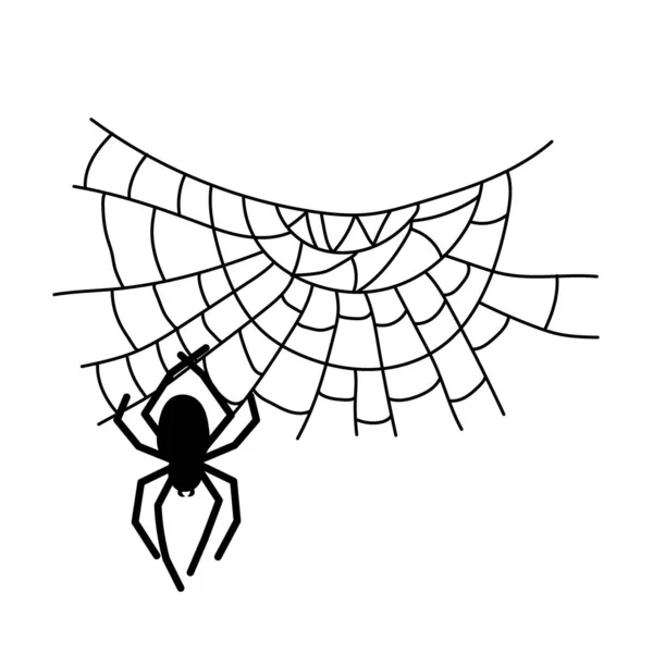 黑蜘蛛和蜘蛛网可怕的蜘蛛网万圣节的象征。在白色背景上孤立的向量图. — 图库矢量图片
