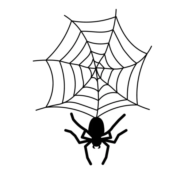 Schwarze Spinne und Netz. Gruseliges Spinnennetz aus Halloween-Symbol. Vektor-Illustration isoliert auf weißem Hintergrund. — Stockvektor