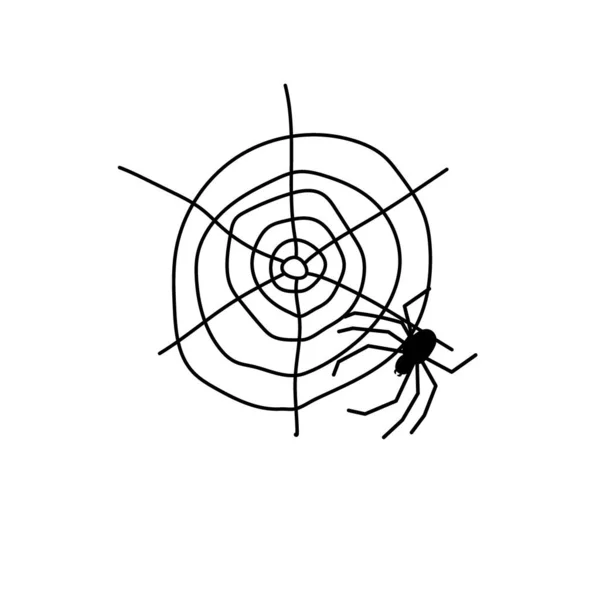 Araña negra y telaraña. Espeluznante tela de araña de Halloween símbolo. Ilustración vectorial aislada sobre fondo blanco. — Archivo Imágenes Vectoriales