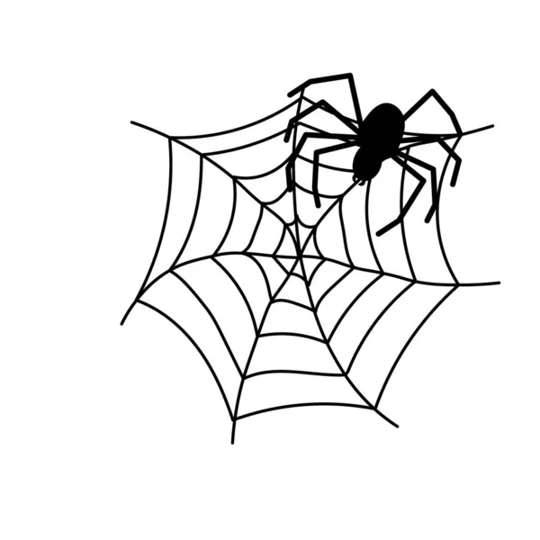 Aranha negra e teia. Teia de aranha assustadora do símbolo de Halloween. Ilustração vetorial isolada sobre fundo branco. — Vetor de Stock