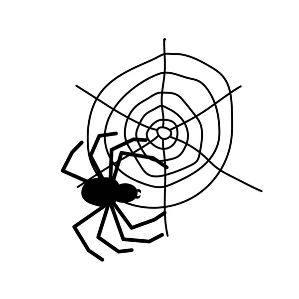 Zwarte spin en web. Eng spinnenweb van Halloween symbool. Vector illustratie geïsoleerd op witte achtergrond. — Stockvector